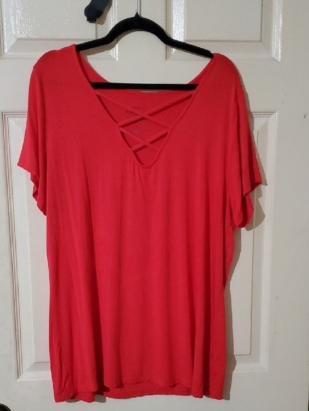 Torrid Lattice Style V-Neck Short Sleeve Super Soft Strappy Tee Orange 2X EUC